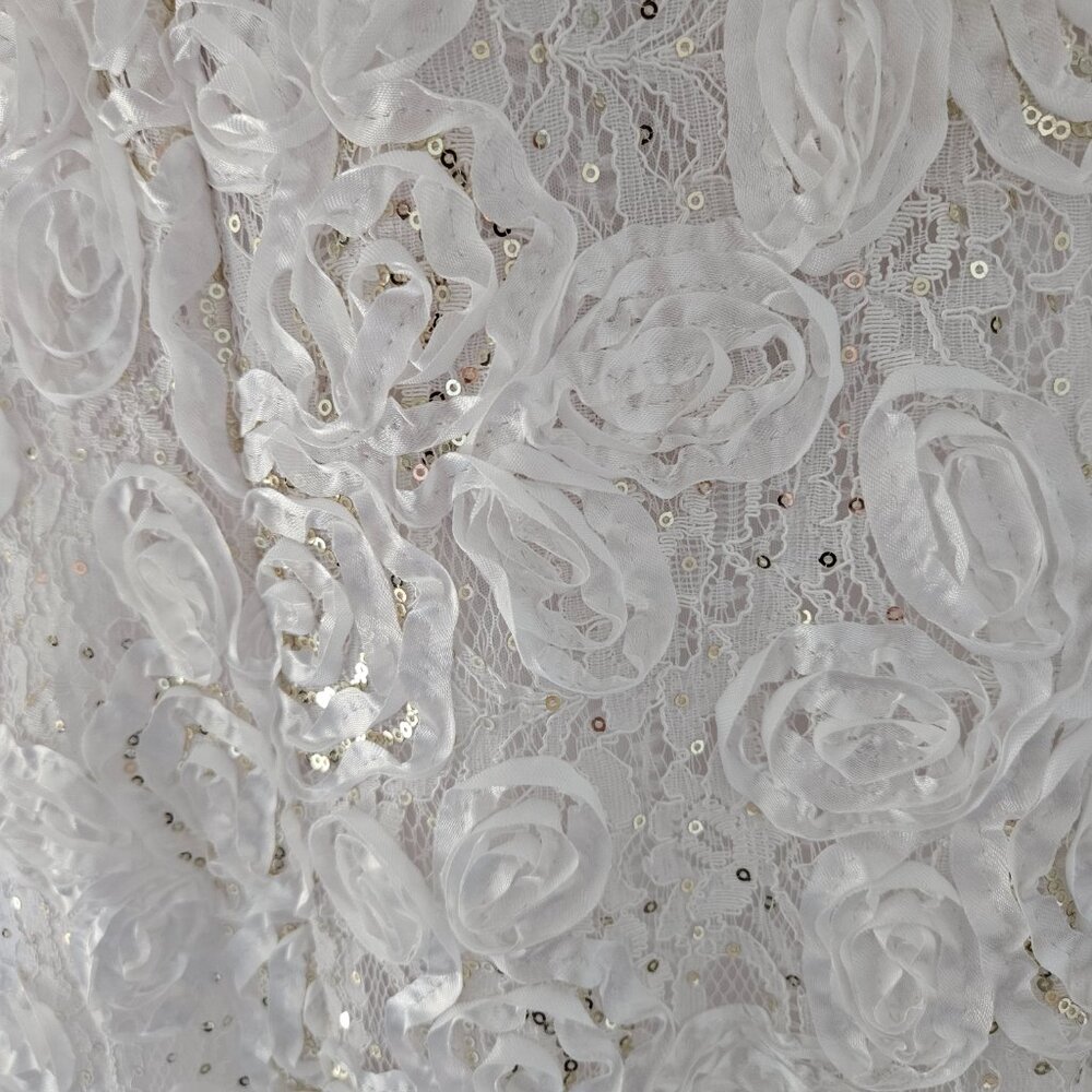 Size 14 white/gold rosette soutache lace short sleeve aline gown Alex Evenings - Picture 4 of 8